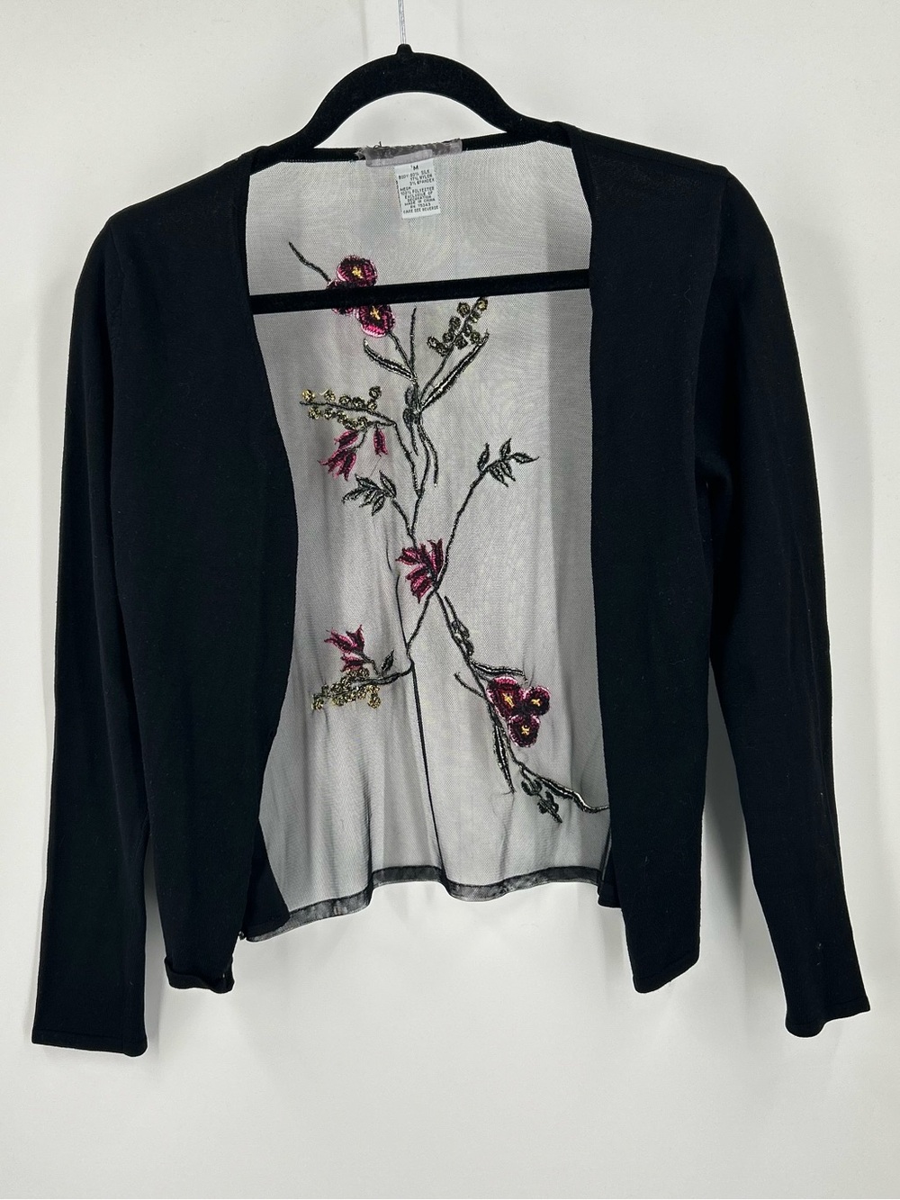 Vintage Y2K Silk-Blend Embroidered Back Mesh Cardigan Medium Button Up